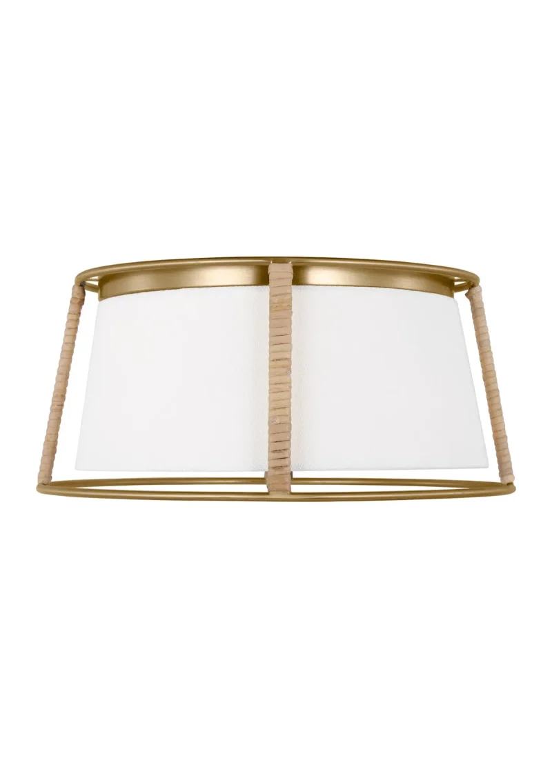 2 light brass flush mount w white linen shades rope accents