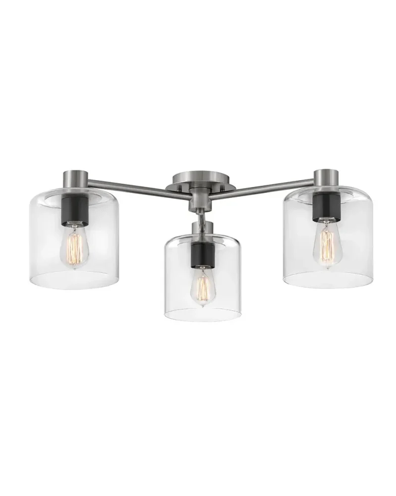 hinkley axel 3 light brushed nickel ceiling fixture with black accents clear glass