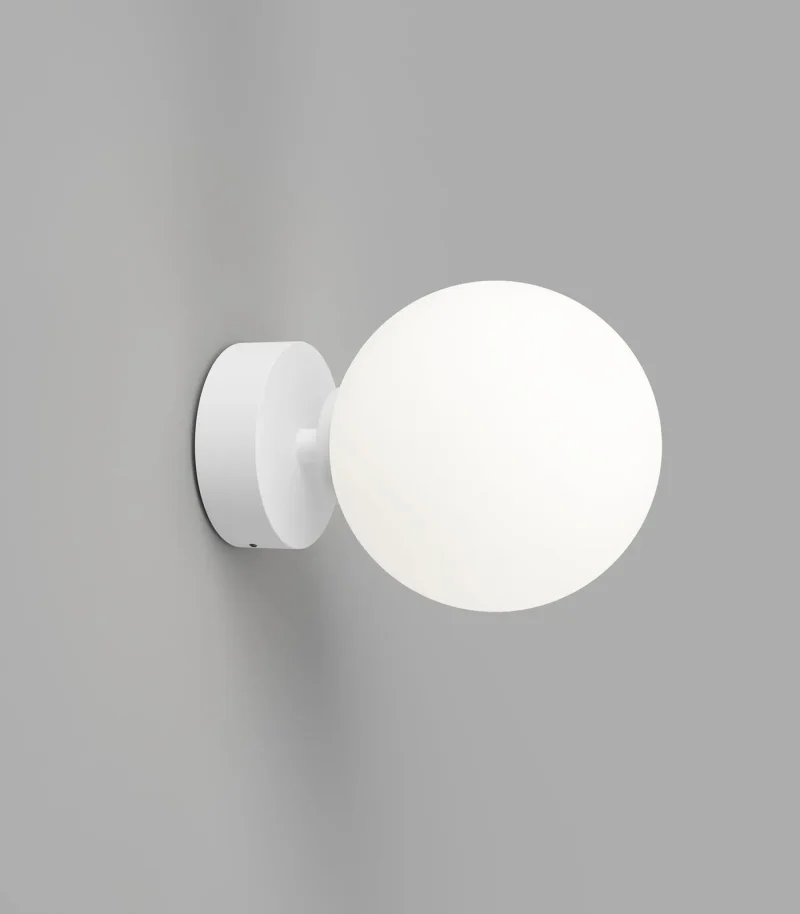 orb mirror wall light white short arm with acid washed glass shade